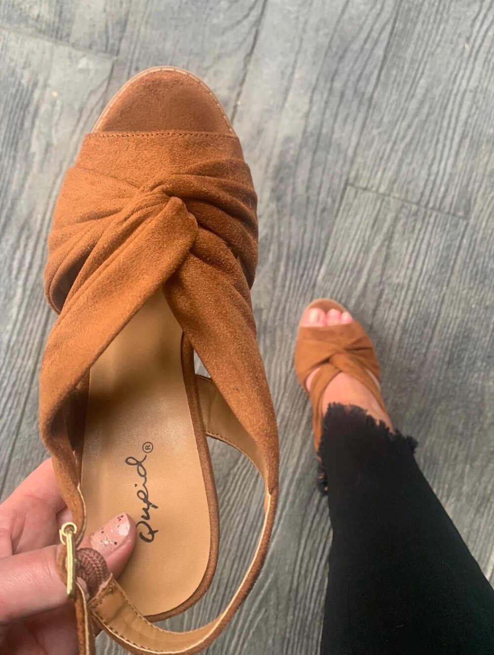 Qupid | Barnes Chestnut Stretch Suede Knotted Chunky Heel